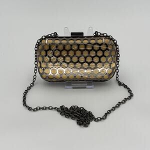 Expressions NYC Honeycomb Box Clutch Gunmetal Grey Metallic Gold Evening Bag
